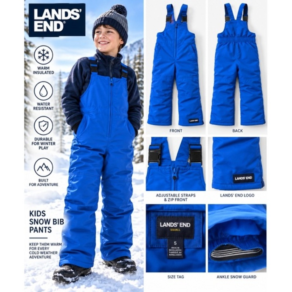 Lands End Kids Blue Squall Snow Bib Pants Insulated Water Resistant Size 5